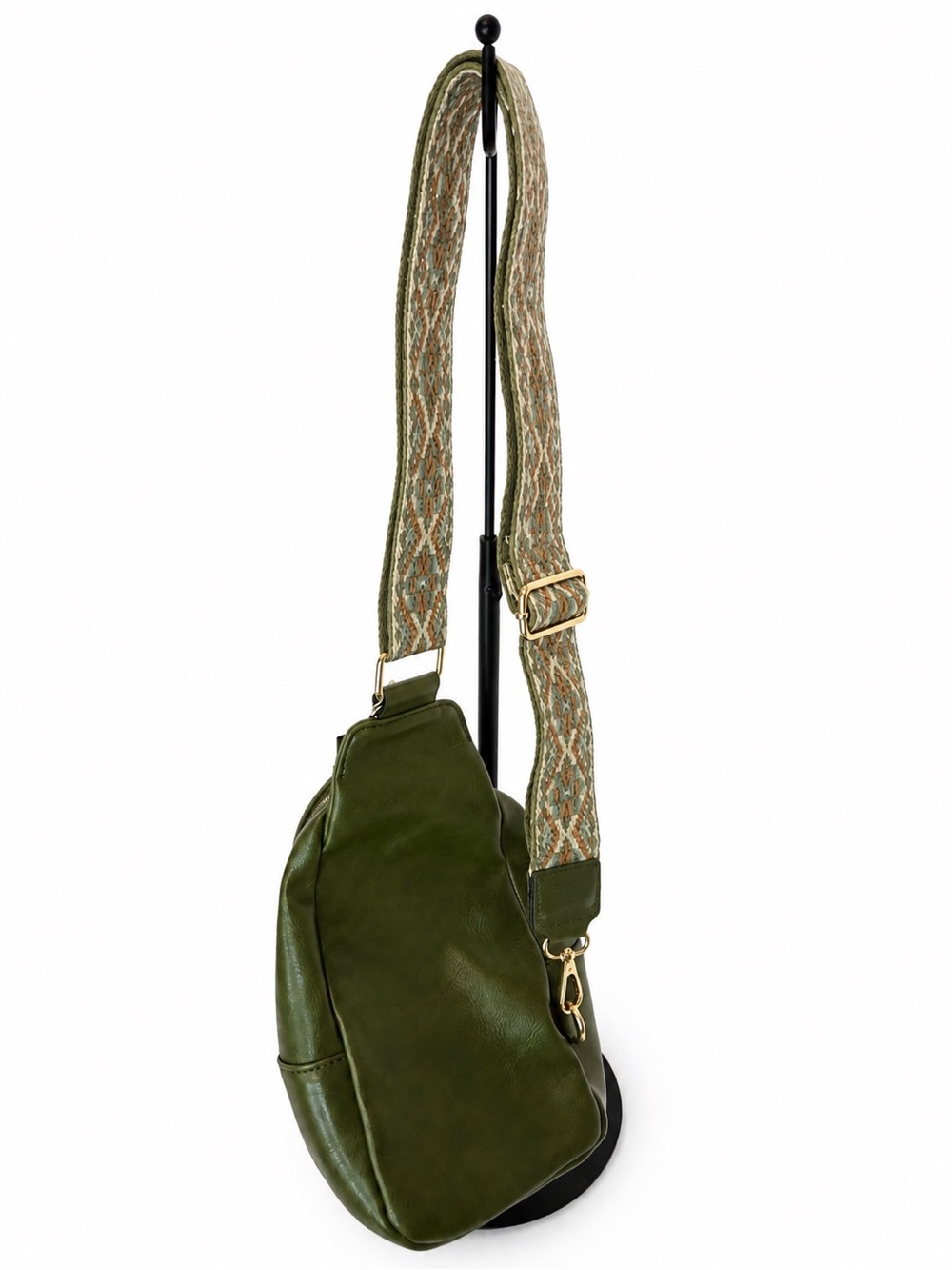 Olive Green Leather Crossbody Bag with Patterned Strap
